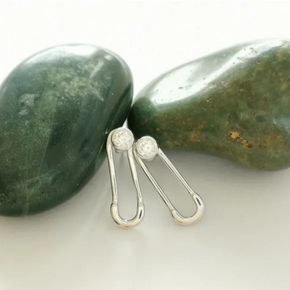 Safety Pin earrings  Sterling Silver CZ small New Baby Shower Gift